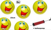 5x Speel voetbal smiling face 23 cm groen + ballenpomp - voetbal speelbal strand straat bal