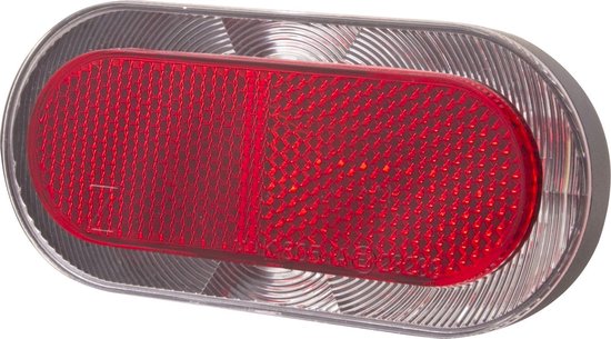 Ovaal rood fietsachterlicht met een doorzichtig, geribbeld frame.
