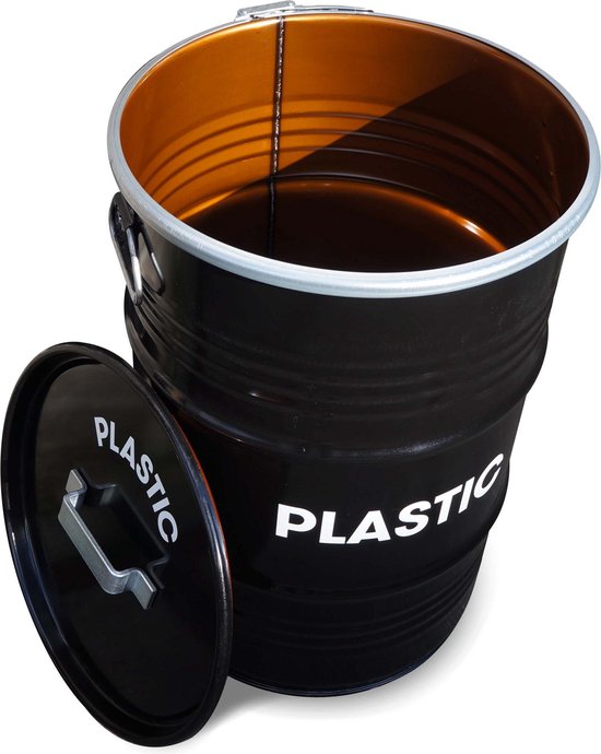 BinBin Handle industriële plastic afvalscheiding prullenbak 60 Liter olievat met handvat deksel- zwart metaal