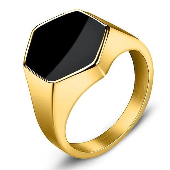 Zeshoekige Zegelring met Zwarte Steen - Goud Kleurig Hexagonaal - 18-23mm -  Ringen... | bol