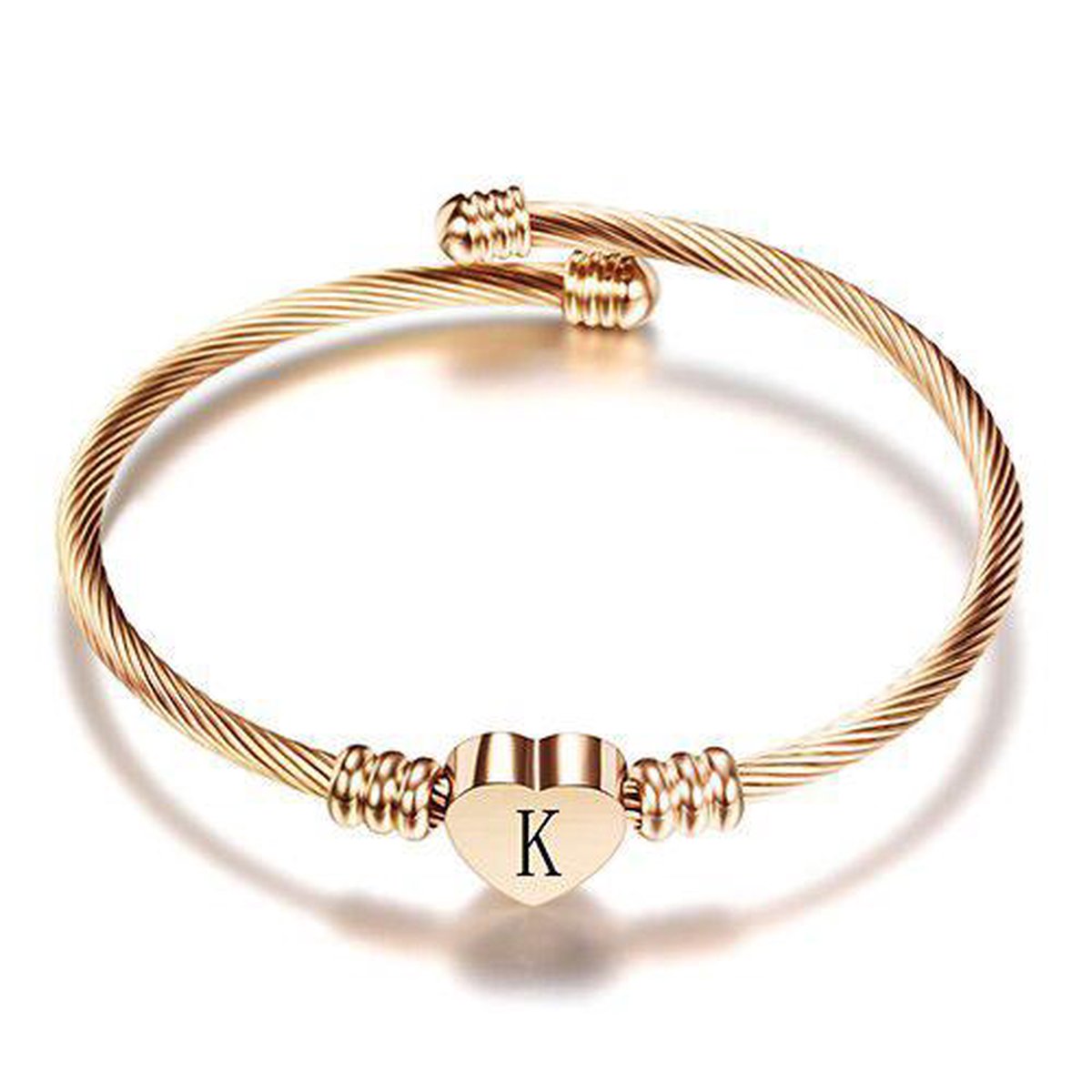 24/7 Jewelry Collection Hart Armband met Letter - Bangle - Initiaal - Rosé Goudkleurig - Letter K