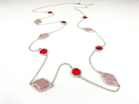 Zilveren halsketting halssnoer collier Model Pret a Porter met roze en rode stenen