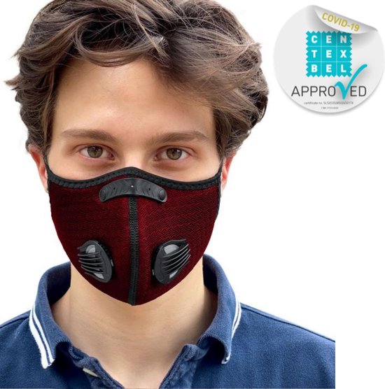 Foto: Breezy luxe mondkapje rood mondmasker maat medium verstelbaar met 4x wegwerp filter 4 ventielen vervangbaar herbruikbaar comfortabel mond kapje voor sport medische filtering in opbergzakje sportmasker geschikt voor brildrager