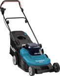 Turquoise Makita grasmaaier met zwarte opvangzak, op een witte achtergrond, van voren bekeken.