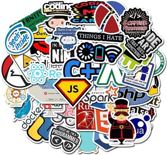 Laptopstickers voor programmeurs, hackers en computers nerds - 50 stickers met grappige codeer teksten, software logo's etc - Merkloos