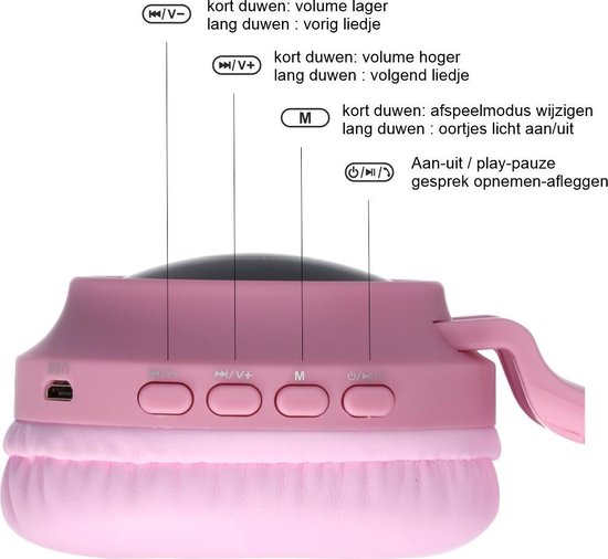 Gedetailleerde close-up van de bedieningsknoppen op een roze koptelefoon met tekst.