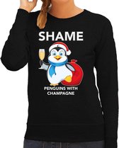 Pinguin Kerstsweater / foute Kersttrui Shame penguins with champagne zwart voor dames - Kerstkleding / Christmas outfit M