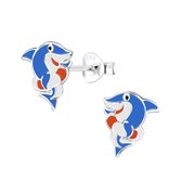 Joy|S - Zilveren Haai oorbellen "happy shark" blauw wit