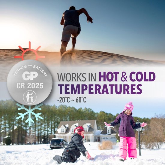 GP CR2025 lithiumbatterij werkt in temperaturen van -20°C tot 60°C. Mannen rennen op een zandduin, kinderen spelen in de sneeuw.