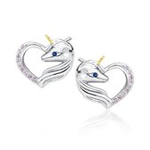 Joy|S - Zilveren eenhoorn oorbellen hart 11 x 12 mm unicorn zirkonia roze - gehodineerd