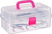 Relaxdays opbergbox met handvat - 9 vakjes - naaikoffer - transparante gereedschapskist - roze