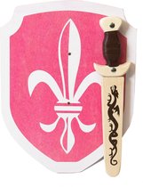 Houten Dolk met schede en ridderschild Franse lelie roze  schild zwaard ridder kinderzwaard