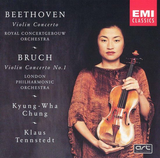 Vrouw met viool, met de tekst "Beethoven Violin Concerto" en "Bruch Violin Concerto No.1".