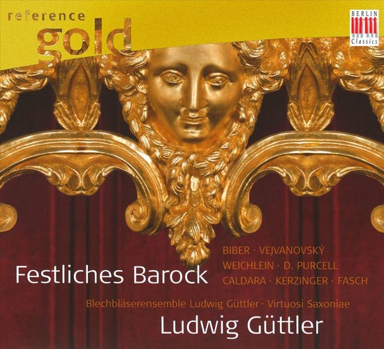 De cover van "Festliches Barock" toont een gouden barokornament met een gezicht, omlijst door rode gordijnen. Titel en artiest zijn erop gedrukt.