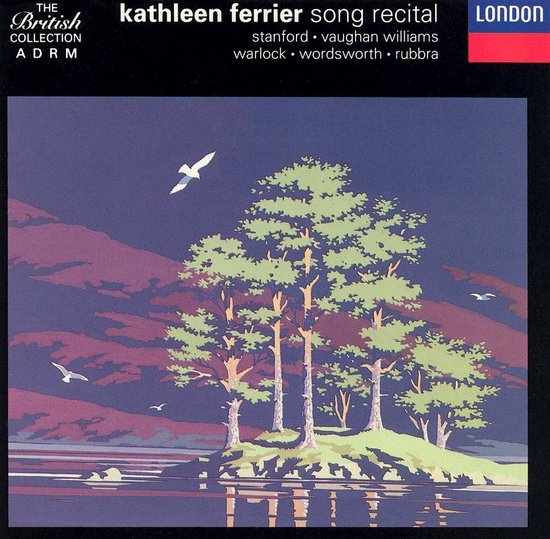 Boek met 'The British Collection ADRM Kathleen Ferrier Song Recital' en composities van Stanford, Vaughan Williams, Warlock, Wordsworth, Rubbra. Afbeelding van bomen op een eiland met een reflectie in het water, tegen een paars/blauwe lucht.