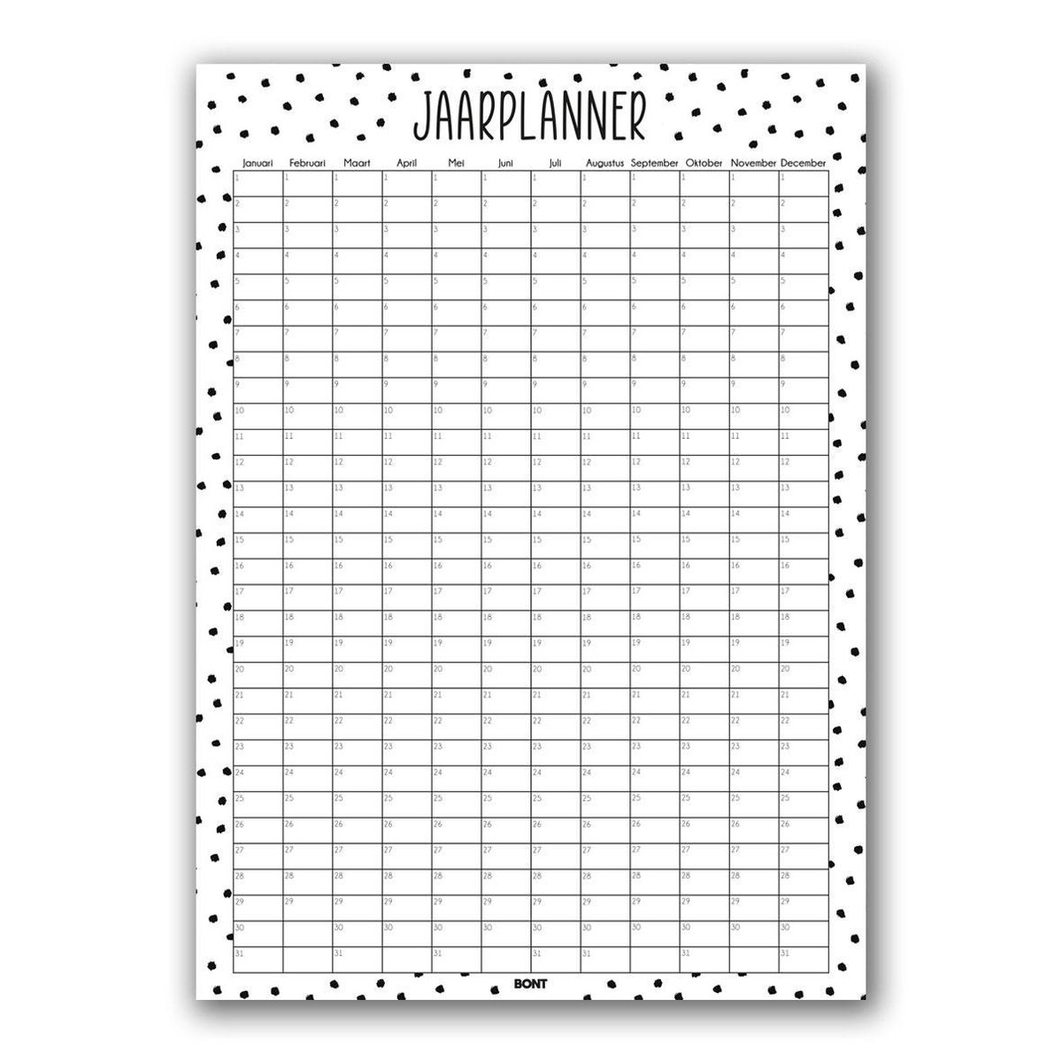 BONT Jaarplanner poster | Stippen | Wandplanner | Wandkalender | Ongedateerd | Gezinsplanner | Dagplanner | 50x70 cm