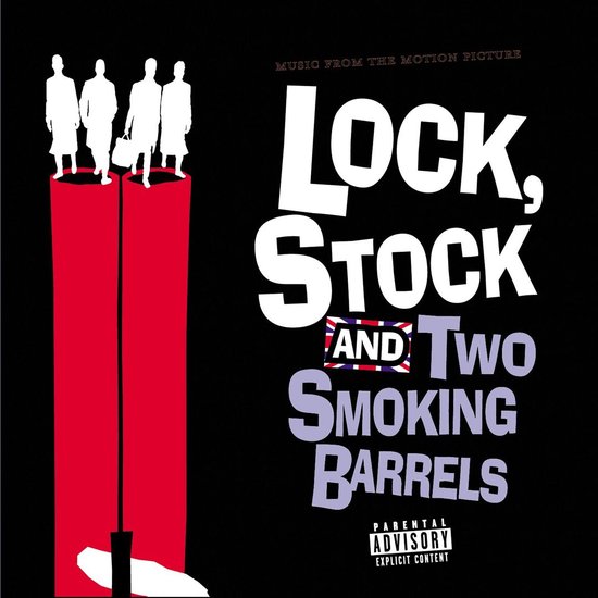Albumhoes met de titel 'Lock, Stock and Two Smoking Barrels' en vier witte silhouetten van mannen op een rode pilaar.