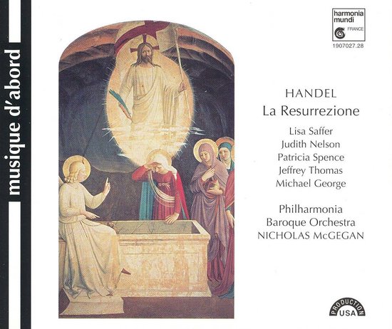 Albumhoes met renaissance-schildering van de opstanding van Christus. Titel: Handel La Resurrezione.