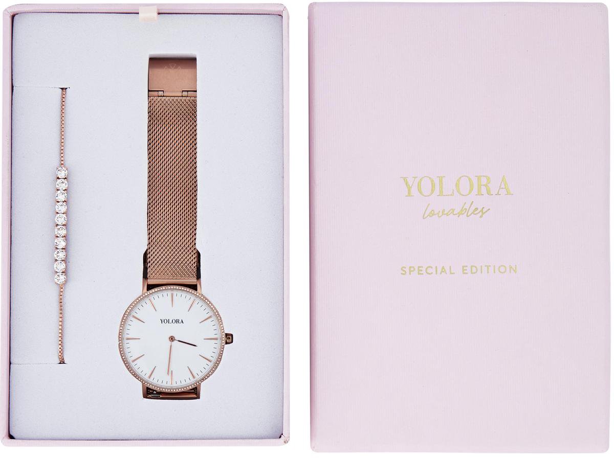 Yolora Luxe Giftbox - Rosé kleurige Armband en RVS Horloge - 130 Kalpa Camaka Kristallen - 18K Roségoud Verguld - Rose Gold - Vrouwen Sieraden - Dames Geschenkdoos - Cadeau doos - Exclusieve Geschenkverpakking - Mooie Cadeauverpakking - Yolora