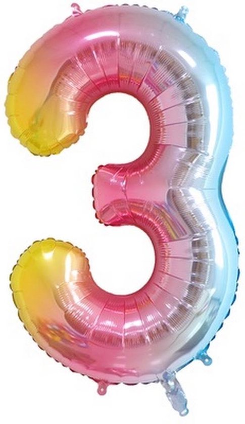 Folie Ballonnen XL Cijfer 3 , Blauwe Regenboog, 86cm, Verjaardag, Feest, Party, Decoratie, Versiering, Miracle Shop