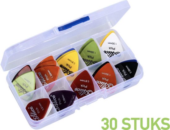 Transparante koffer met 30 Alice plectrums in diverse kleuren en diktes, waaronder geel, rood, blauw, groen en zwart.