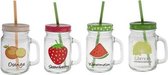 Cosy & Trendy - bokaal - set van 4 - glazen limonade bekers met deksels en rietjes - inhoud 450ml -  fruitprint orange lemon strawberry watermelon