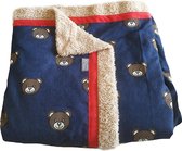 Blauwe handgemaakte kinder woondeken of plaid van jeansstof met berenprint