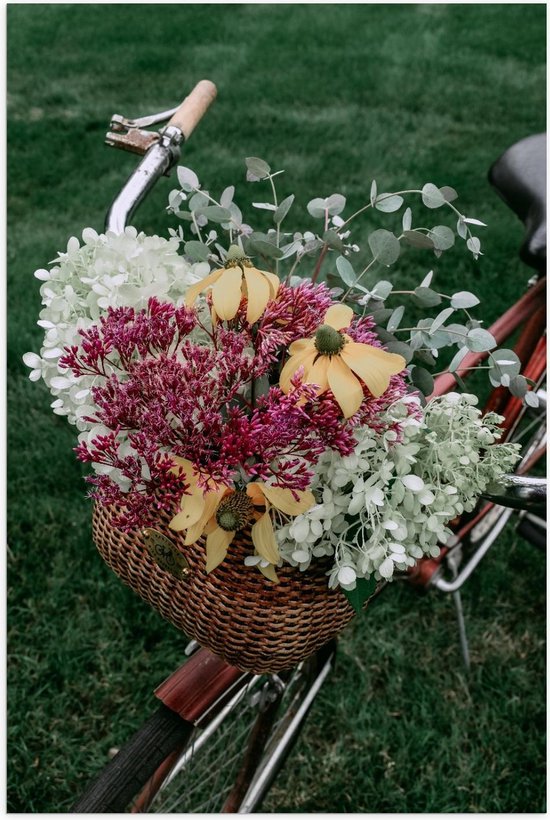 Poster – Bloemen Mandje op Fiets  - 60x90cm Foto op Posterpapier