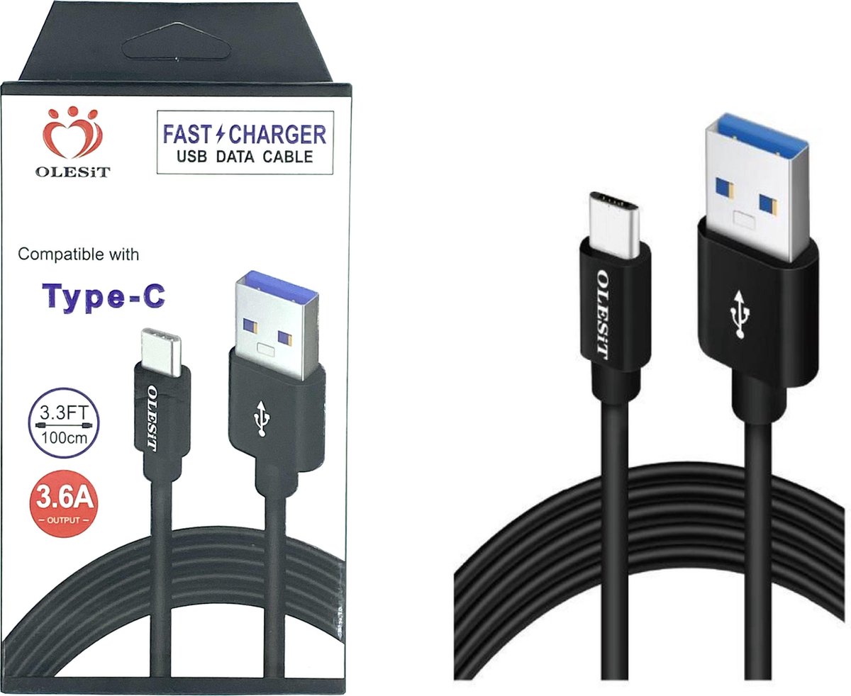 Olesit USB-C / Type C 1 Meter Fast Charge 3.6A – Snelle Oplaadkabel - Veilig laden - Data Sync & Transfer - Zwart