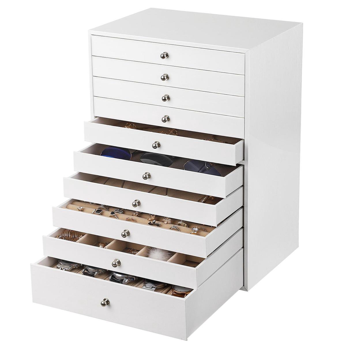SONGMICS Sieradendoosje met 4 niveaus, stapelbaar, sieradendoos groot, sieradendoos met glazen deksel, 17 x 28 x 18,3 cm, sieradeninzet voor laden, cadeau-idee, lauriergroen JBC164C02