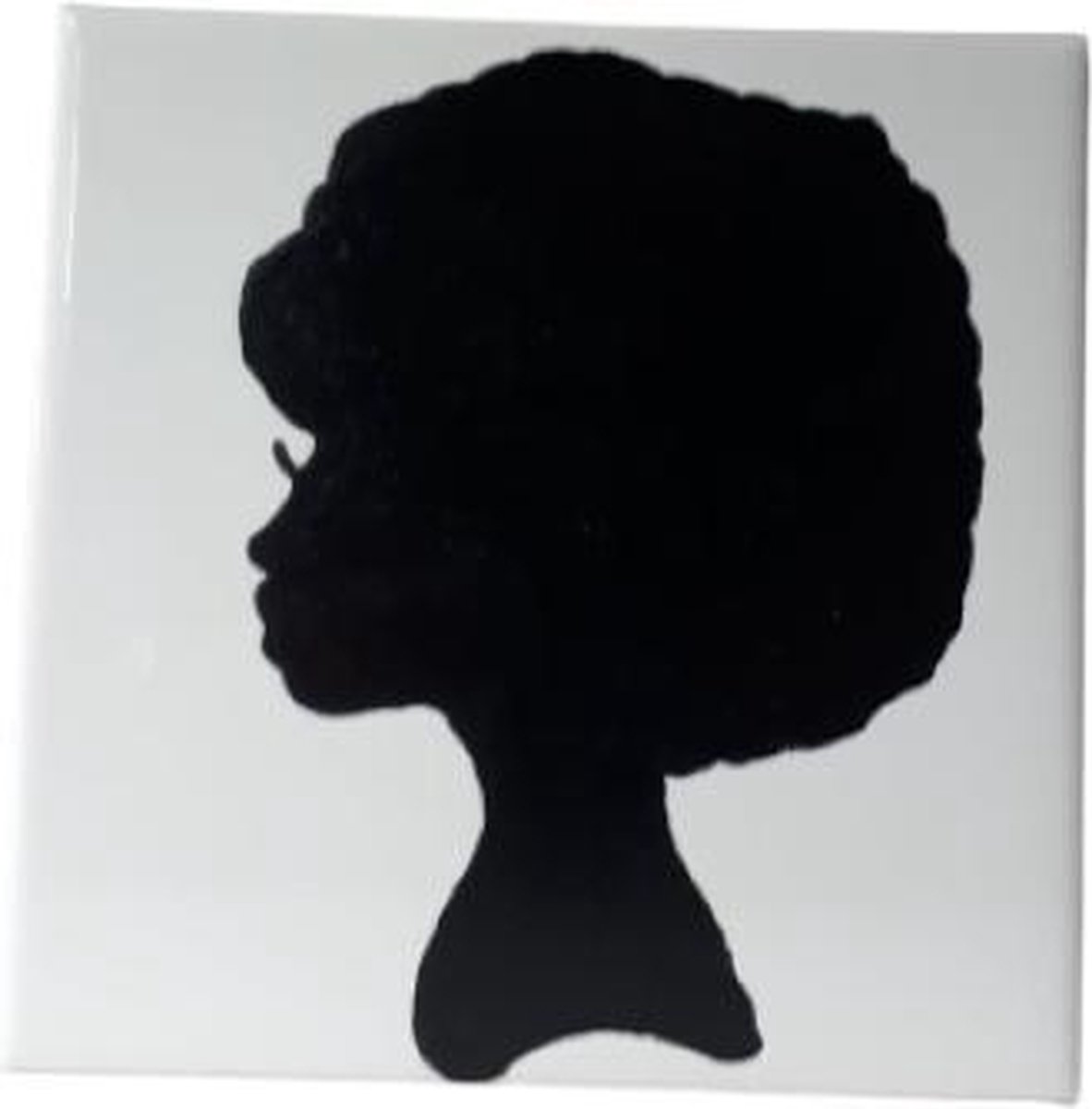 Jacqui's Arts & Designs - African design - kunsttegeltje - Afrikaanse dame - Afrikaanse print- Handbeschilderd tegel - keramische tegel - zwart/wit - silhouet - Afro kapsel - Afrikaanse vrouw