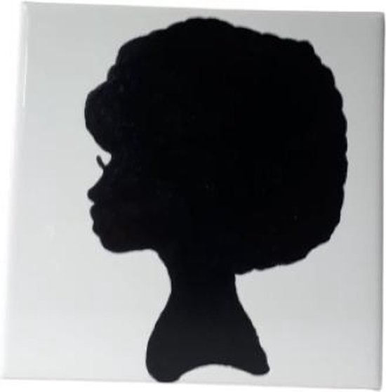 Jacqui's Arts & Designs - African design - Handbeschilderd tegel - keramische tegel - zwart/wit - silhouet - Afro kapsel - Afrikaanse vrouw