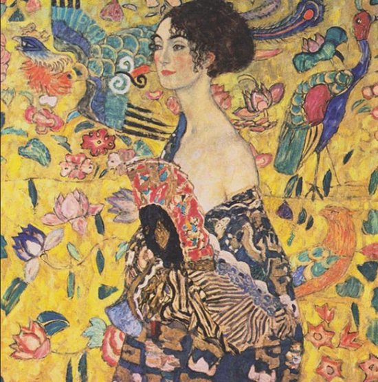 Allernieuwste peinture sur toile Gustav Klimt Lady With A Fan Dame Mit Facher - Reproduction d'art HD - 60 x 90 cm - Couleur et or