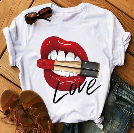T-shirt lipstick love - dames - vrouw - kleding - mode - shirt - korte mouw  - dames... | bol