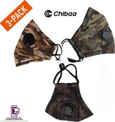 Camouflage 3-PACK Donker - Chibaa - JS2DEAL - Leger Print - Mondkapje Wasbaar  en verstelbaar Mondmasker Met 1 vervangbare PM2.5 Filter - Katoenen Mondmasker met ventiel en filter- ijzeren ne