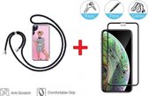 2-In-1 Shockproof Hoesje Met Koord & Screen Protector Set Geschikt Voor Apple iPhone XS - Full Cover 3D Edge Tempered Glass Beschermglas Met Siliconen Telefoonkoord Back Bescherm Hoes Cover L