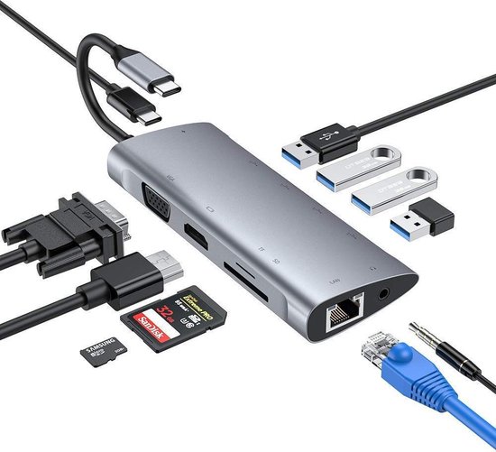 11 in 1 USB C-hub Adapter 5Gbps - 3xUSB3.0 1xUSB2.0 HDMI VGA USB C-Oplader TF SD-Lezer PD-Charging 3.5mm-AUX-Jack Ethernet(LAN) - Grijs - vmca