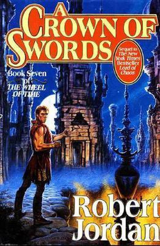 Boekomslag van 'A Crown of Swords' van Robert Jordan, met een man in rood/bruin gewaad voor een duister kasteel bij nacht.
