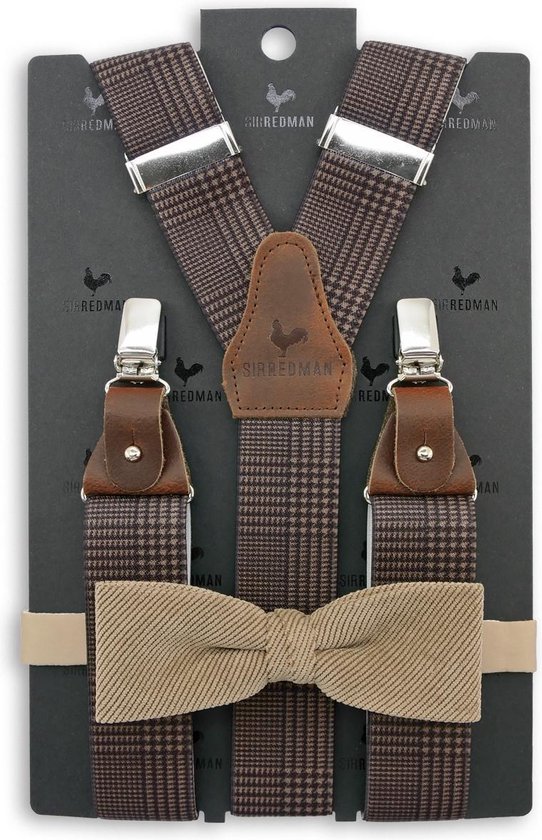 Sir Redman - Bretels met strik - bretels combi pack geruit Pied-de-Poule - bruin / beige