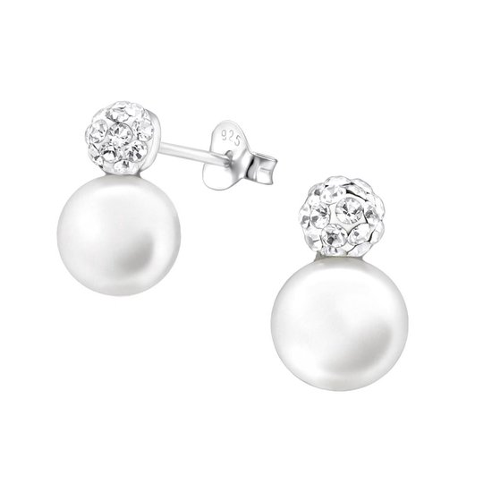 Boucles d'oreilles femmes | Boucles d'oreilles | Clous d'oreilles en argent, boule avec cristaux et perle | WeLoveSilver