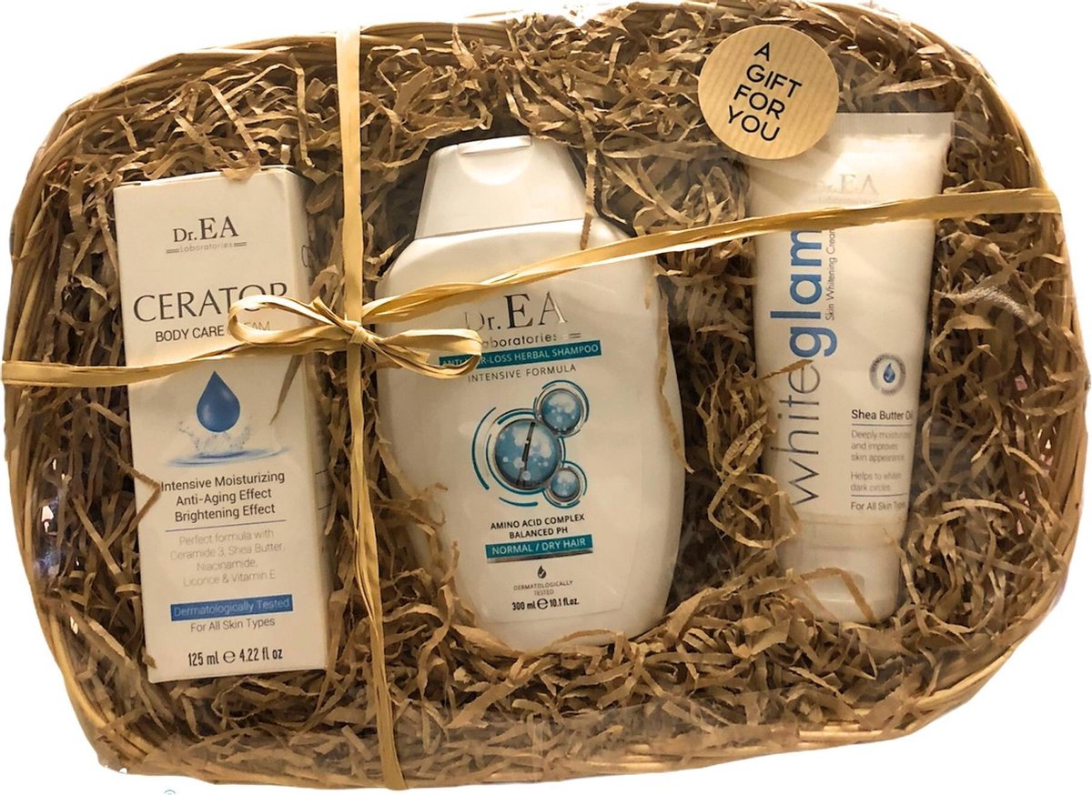 Dr EA Laboratories | Verzorging Set | Geschenkset | Cadeauset | Lichaam en Haar Verzorging | Ceratop Hydraterende Creme | Anti Hairloss Shampoo| Whitening Creme | Dermatologisch Getest | Natuurlijke Ingredienten | Set van 3 | Rieten Mand |