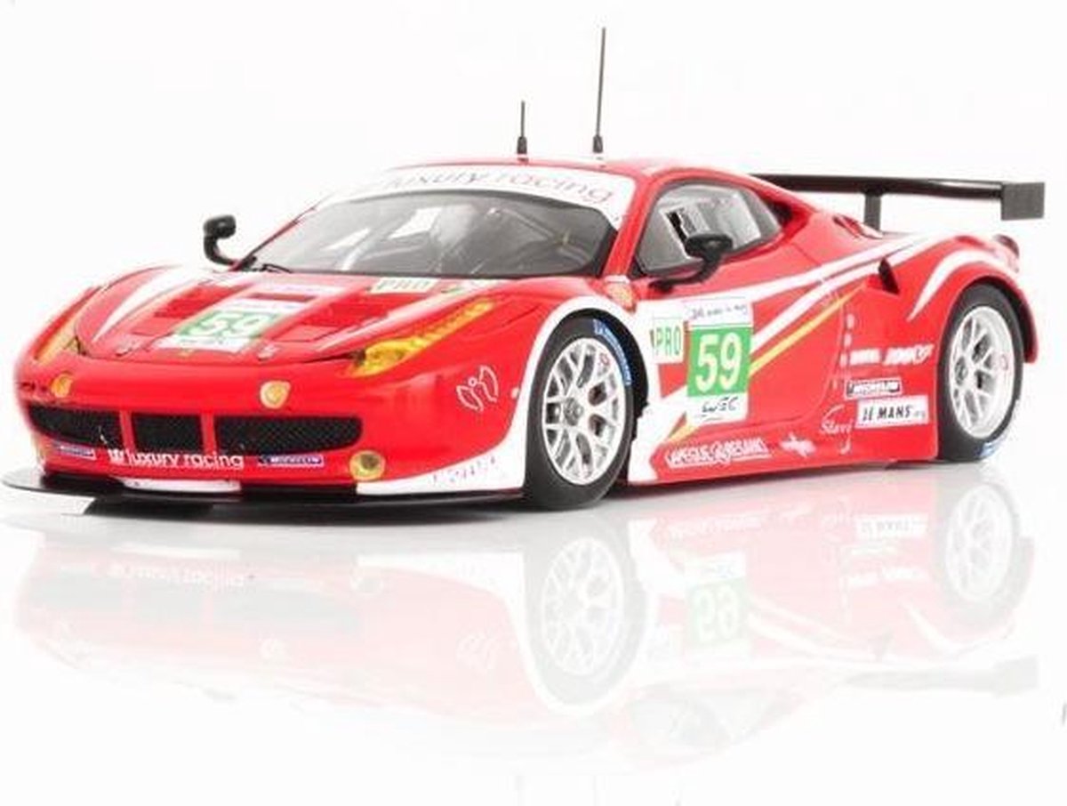 The 1:43 Diecast Modelcar of the Ferrari 458 Italia GTC , Luxury Racing #59 of the 24H LeMans 2012. The drivers are F. Makowiecki / J. Melo and D. Farnbacher. The manufacturer of the scalemodel is Fujimi.This model is only available online