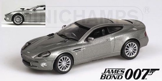 The 1:43 Diecast Modelcar of the Aston MartinV12 Vanquish of the James Bond Movie ,Die Another Day of 2002. The manufacturer of the scalemodel is Minichamps.