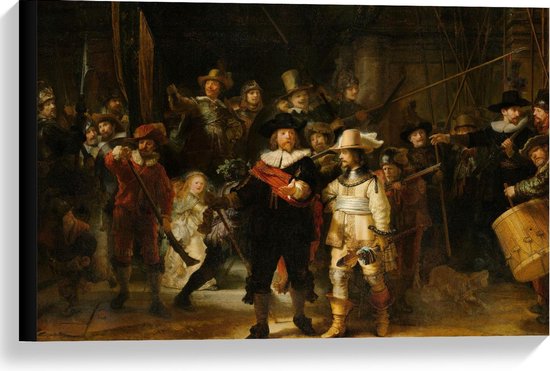 Canvas  - Oude Meesters - Nachtwacht, Schutters van wijk II, Rembrandt van Rijn - 60x40cm Foto op Canvas Schilderij (Wanddecoratie op Canvas)