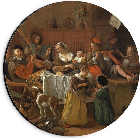 Dibond Wandcirkel - Oude Meesters - Het vrolijke huisgezin, Jan Havicksz. Steen, 1668 - 20x20cm Foto op Aluminium Wandcirkel (met ophangsysteem)