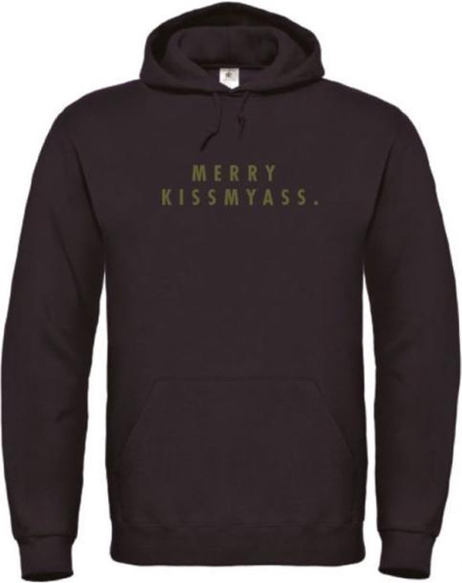 Foute kersttrui hoodie zwart XXL - Merry Kissmyass - Olijfgroen - soBAD. | Kersttrui soBAD. | kerstsweaters volwassenen | kerst hoodie volwassenen | Kerst outfit | Foute kerst truien
