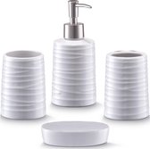 4-Delige witte gestreepte badkamer/toilet accessoires set van keramiek - Huishouding - Badkameraccessoires/benodigdheden - Toiletaccessoires/benodigdheden - Zeeppompjes/bekers/zeephouders
