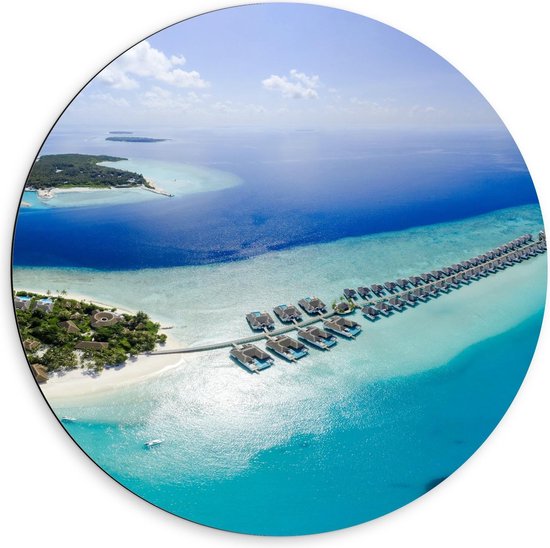 Dibond Wandcirkel - Bovenaanzicht Eiland Malediven - 60x60cm Foto op Aluminium Wandcirkel (met ophangsysteem)