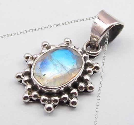 Pendentif En Argent Sterling 925 Avec Pierre De Lune Arc-en-ciel - Fait Main - Longueur 18 Pouces