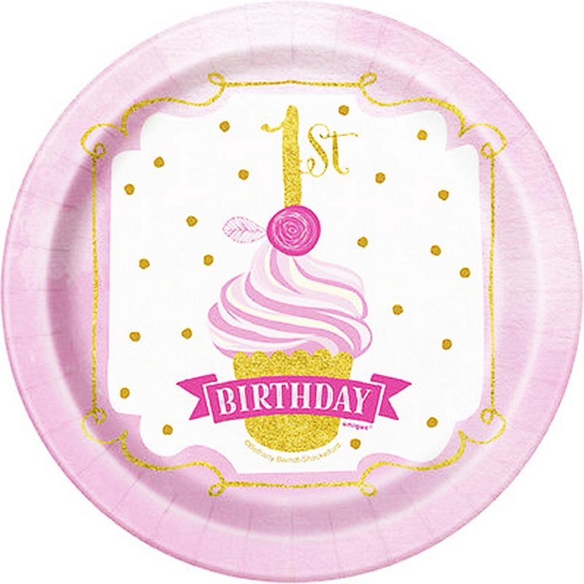 Unique Party 1ste verjaardagsplaatje (pakket van 8) (Goud/roze)